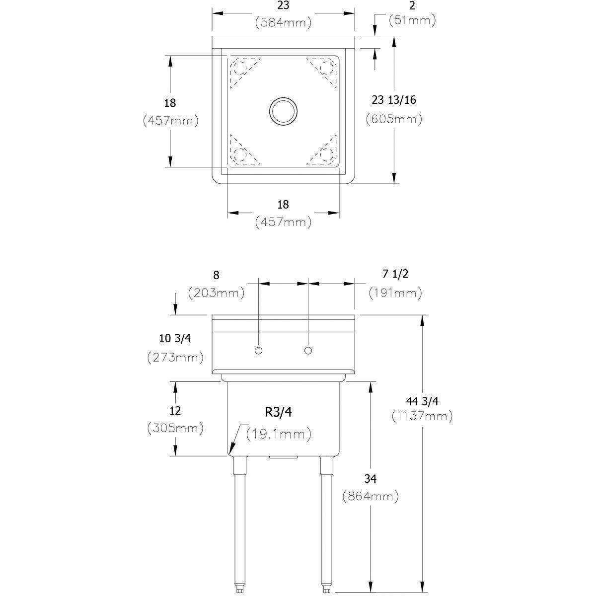 Elkay, Elkay Dependabilt Fregadero de un compartimento de acero inoxidable de 23" x 23-13/16" x 44-3/4" calibre 16 con patas de acero inoxidable 1C18X18-0X